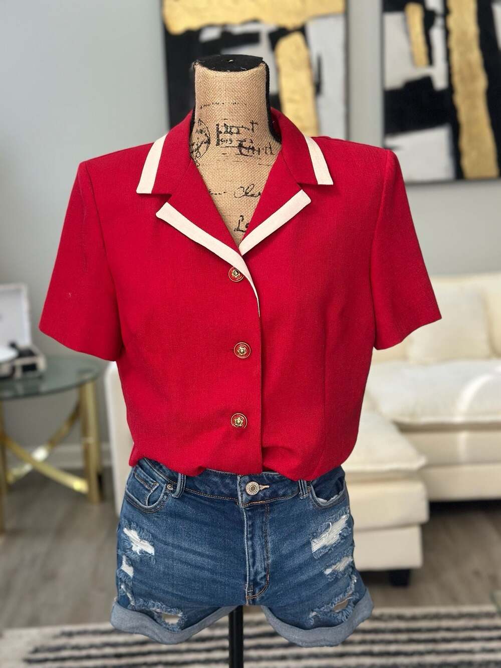 Vintage Leslie Fay Red Short Sleeve Petite Button-Up Top with White Trim